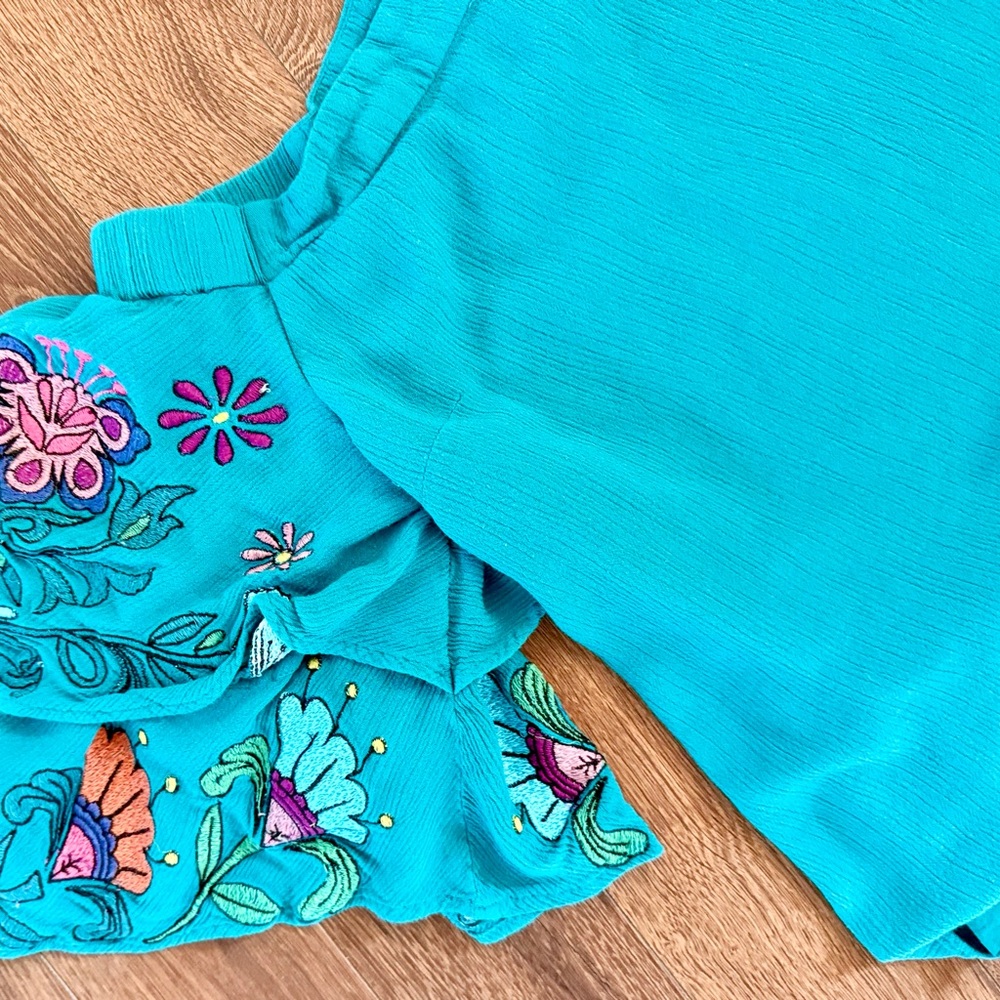 Judith March Teal Blouse with Floral Embroidery